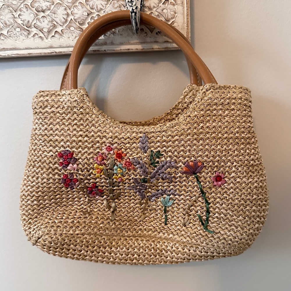 Woven Straw Floral Embroidered Mini Bag - Tan